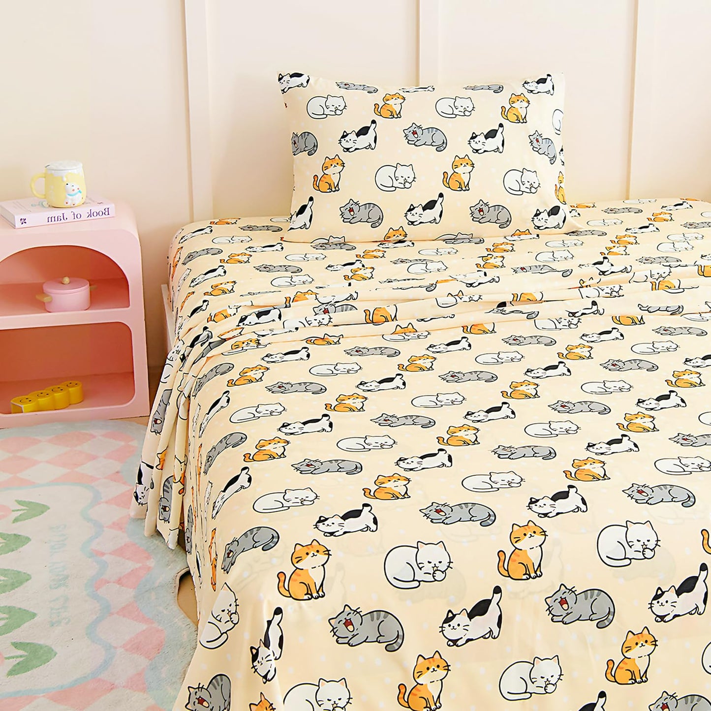 MICORAL Kids Twin Sheet Set, 3 Pieces Sheets for Boys & Girls, Soft Printed Microfiber Bed Sheets, Deep Pocket Cozy Toddler Bedding Set, Beige Cats