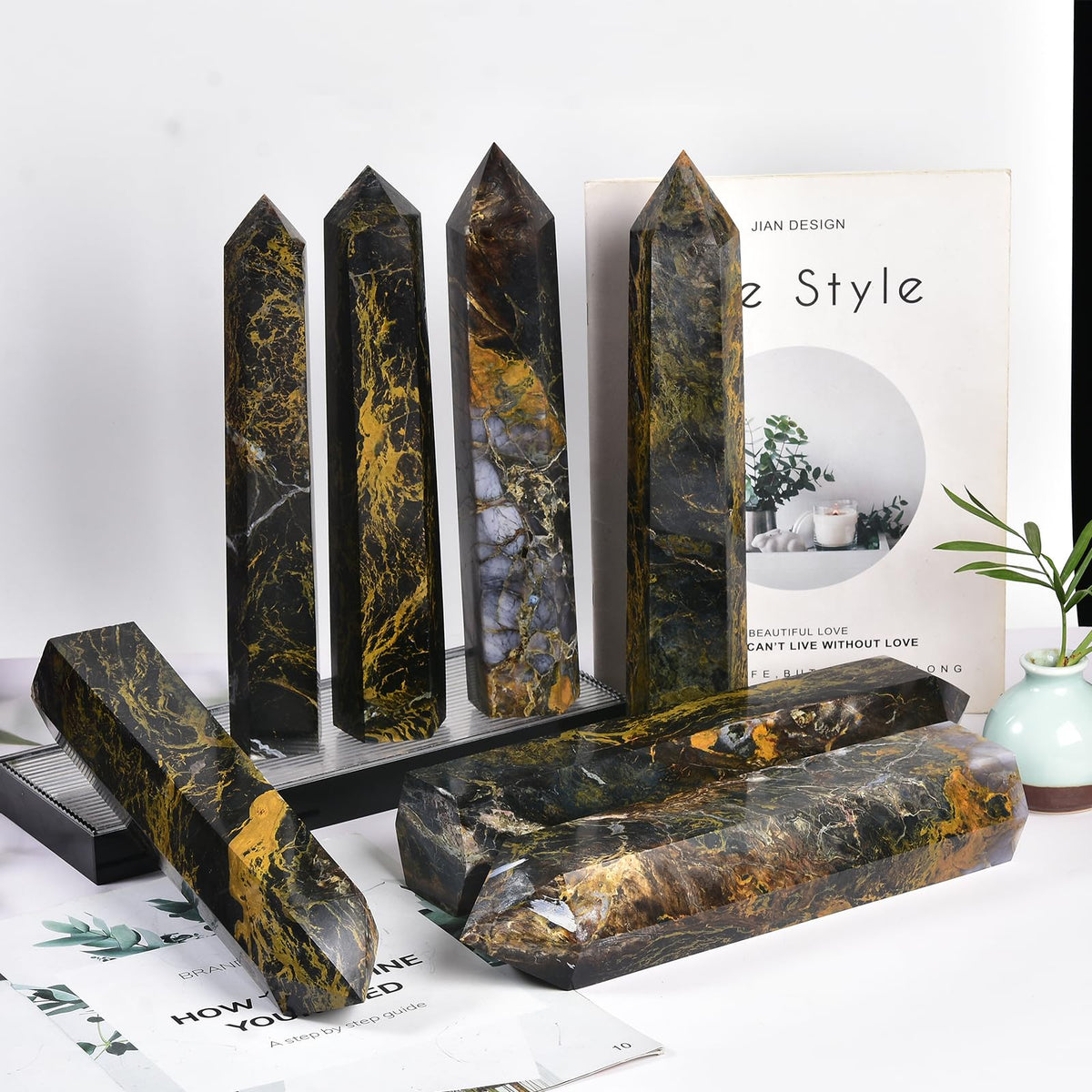 JIC Gem Extra Large 6 Faceted Pietersite Healing Crystal Obelisk Tower Points Quartz Crystals Tower Wand Decor Reiki Chakra Meditation 3.5-4.0 Lbs
