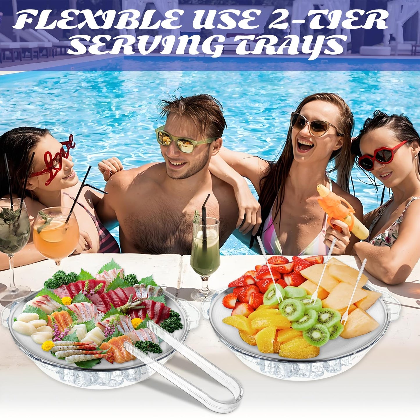 3 Set Chilled Serving Tray for Parties with Compartments, 11.8" Ice Chilled Party Platter, Ice Serving Board with 3 Tongs 10 Forks, Cold Dish Dip for Fruit,Veggies, Appetizer, Shrimp Cocktail
