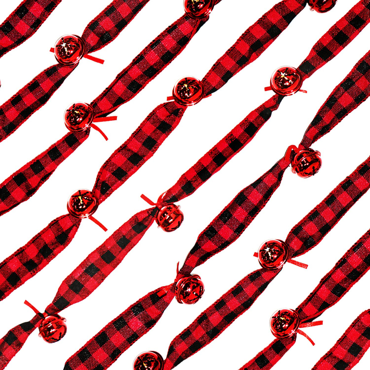 Jishi Rustic Buffalo Plaid Ribbon Garland - 6 Yards with Jingle Bell & Metal Sleigh Bell Ornaments