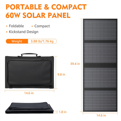 60W Solar Panel for Portable Power Station, Foldable Solar Panel with 12-18V DC Output/USB QC3.0/USB C(10 Changeable DC Adapters), Portable Solar Panels for Camping, Home, Travel, Rv
