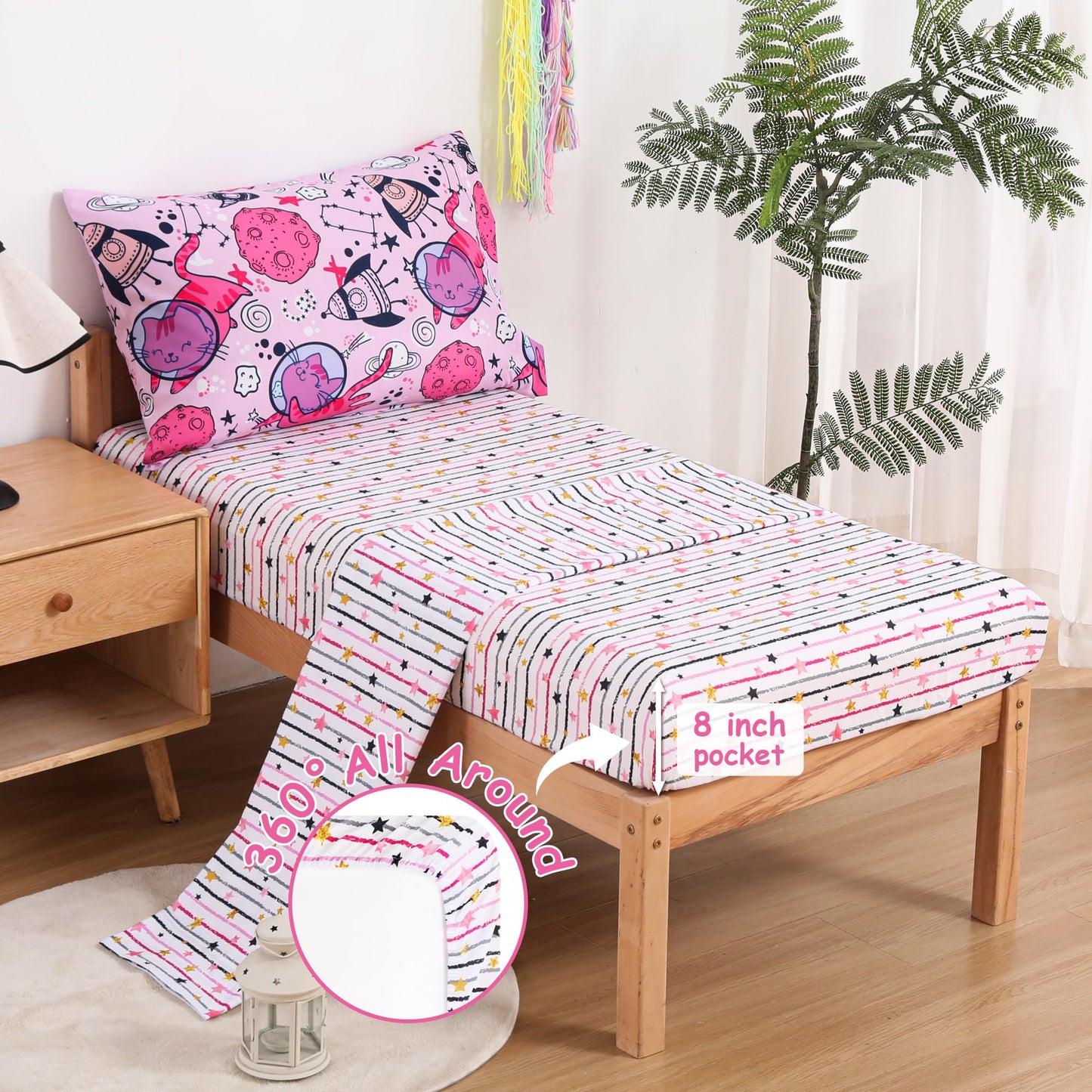 Mooreeke 4 Pieces Toddler Bedding Set - Pink Cute Space Cat Toddler Comforter Sets for Girls, Includes Comforter, Flat Sheet, Fitted Sheet and Pillowcase, Bed in A Bag for Baby Bedroom