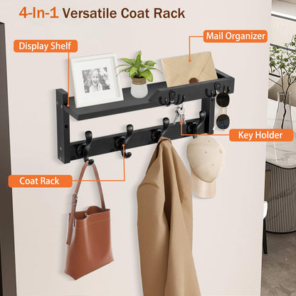 dreampossible Coat Rack Wall Mount with Shelf, Coat Hanger Wall Mount with Key Hooks and Mail Holder, Wood Entryway Floating Shelf with Hooks and Storage, Hat Rack for Wall Key Holder Mail Organizer