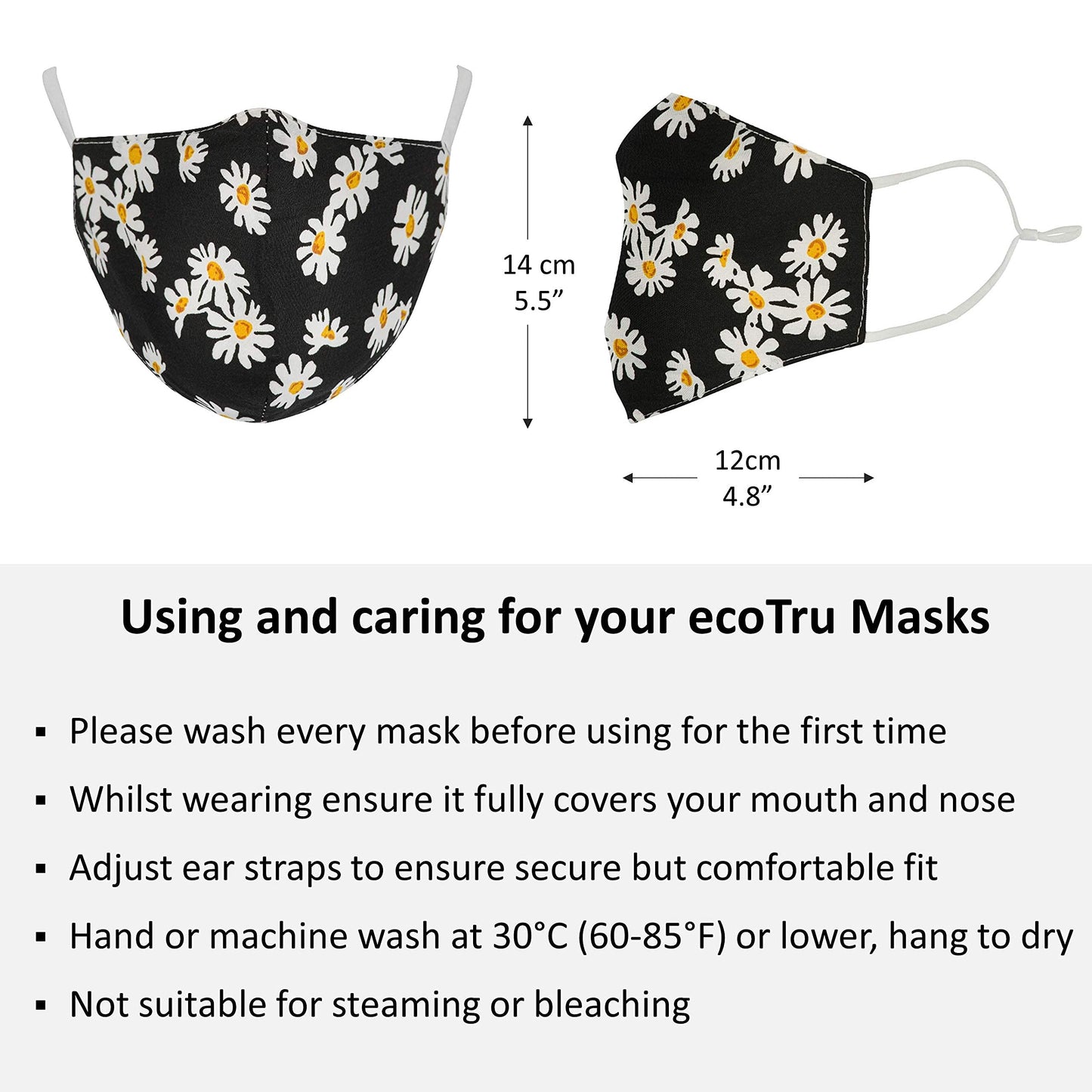 ecotru 5 Pack 100% Cotton, Reusable Face Masks UK | Washable, Nose Wire for Glass Wearers, 3-Ply Fabric Mask, Filter Pocket & Adjustable Straps | Pretty Facemask Coverings