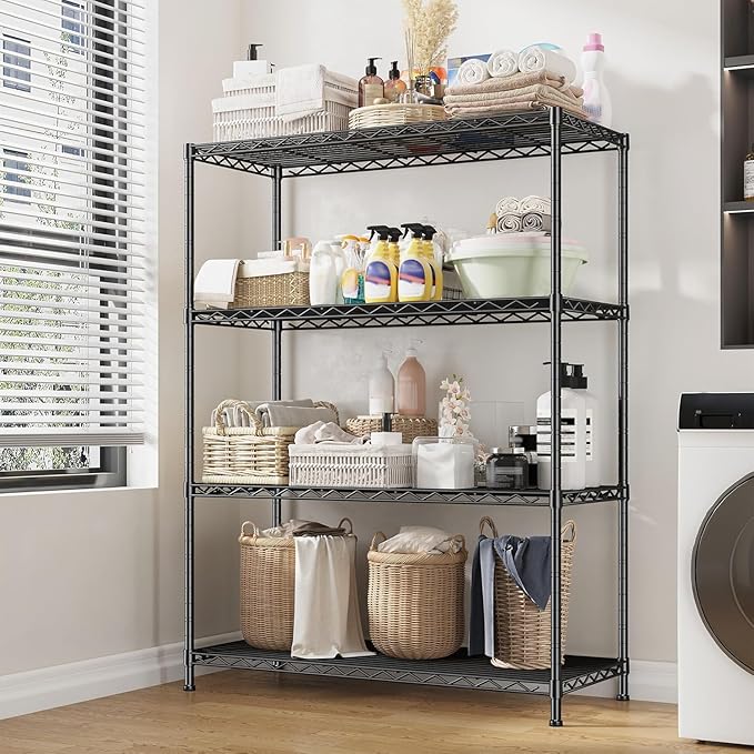 Xcity Storage Shelves, 4 Tier Heavy Duty Metal Shelving Unit with Wheels, 1600 LBS Capacity Adjustable Steel Wire Shelf Organizer for Pantry, Kitchen, Garage, 18" D x 36" W x 60" H, Black