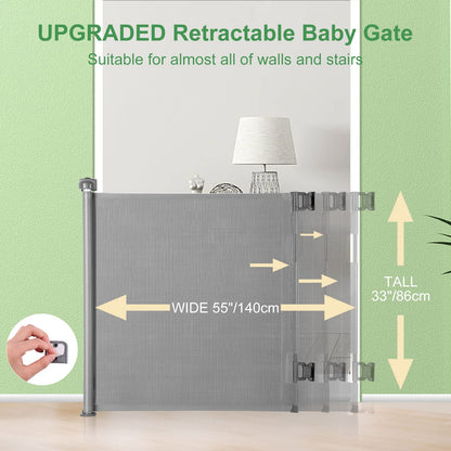 MYPIN Extra Wide Retractable Dog and Baby Gates - Indoor/Outdoor Stair Gates for Stairways, Hallways, Doorways (Grey, 140 X 86 CM)