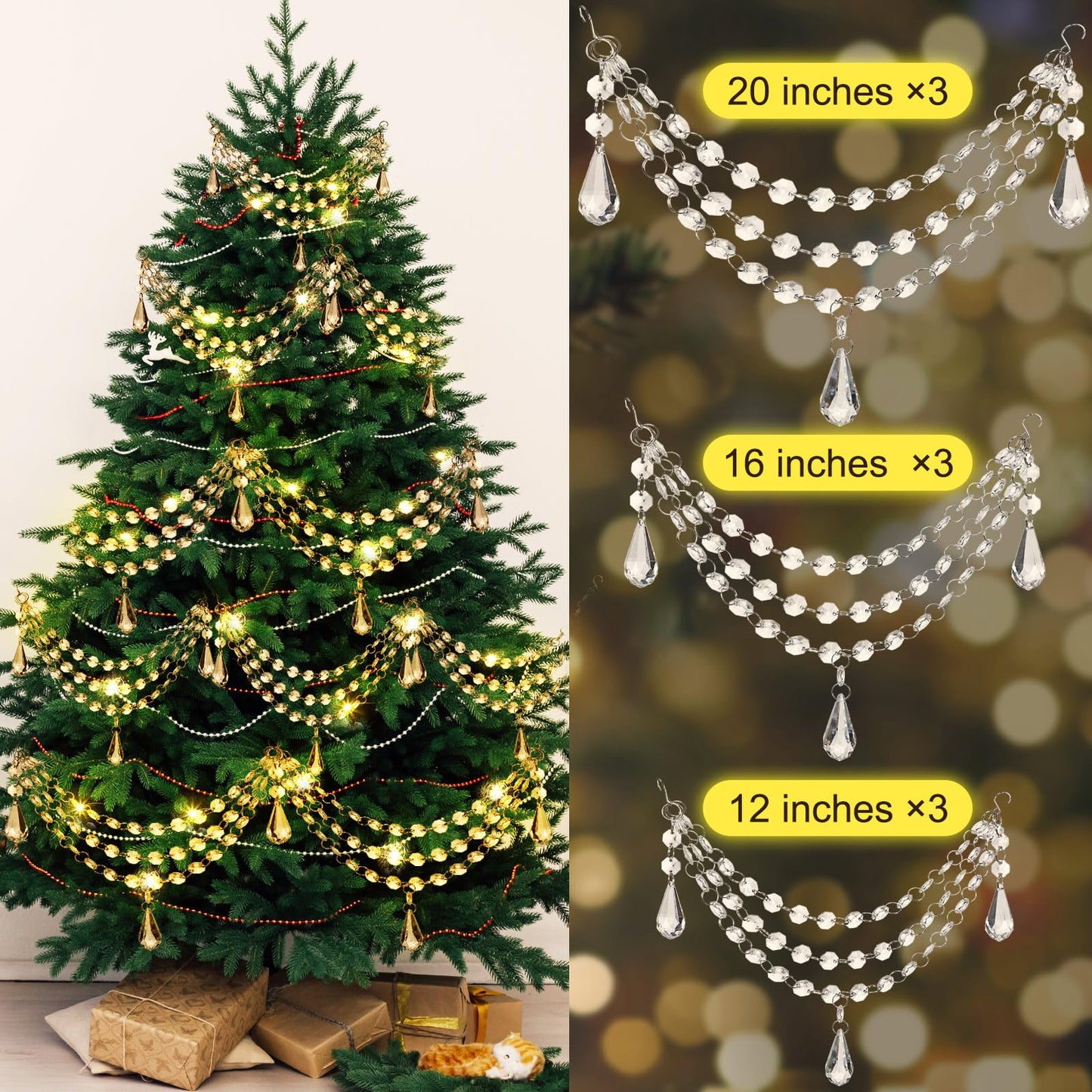 Pinkunn 12 Pcs 3-Layer Crystal Garland for Christmas Tree 20in 16in 12in 3-Layer Acrylic Bead Garland Hanging Christmas Decorations Indoor Home Decor for Home Xmas Wedding Party Decor(Teardrop)