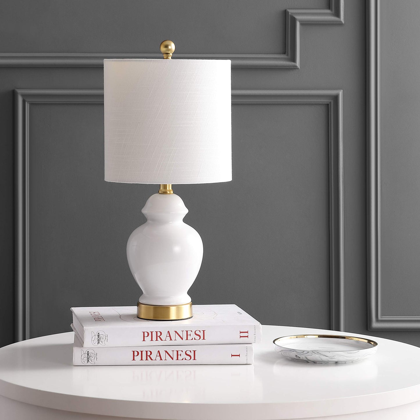 JONATHAN Y 20" White Textured Ceramic and Brass Gold Table Lamp, Glam Bedside Nightstand Lamp for Living Room Bedroom, White Linen Shade, LED Bulb Included JYL1035A