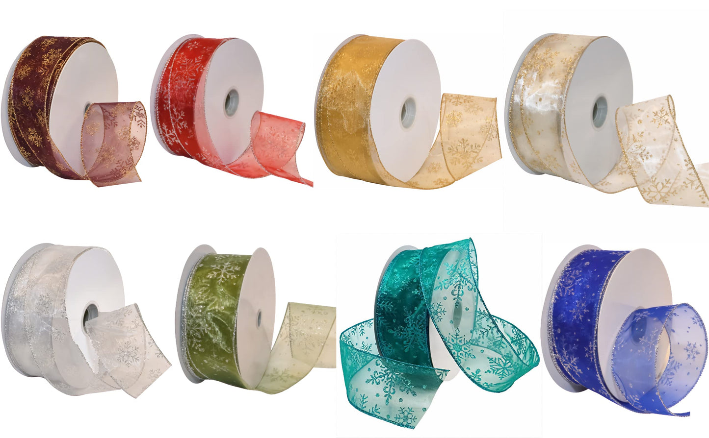 Morex Snowflake 2.5" X 50 YD Nylon Sheer Wired Glitter Ribbon in Ivory/Gold