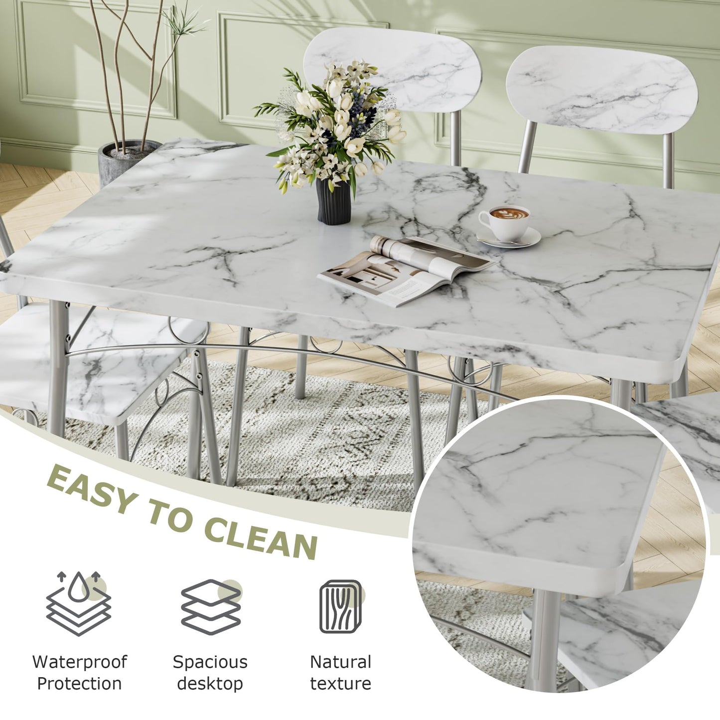 VECELO Dining Table Set for 4, 5-Piece Kitchen Table with 4 Chairs, MDF Board Tabletop with Metal Frame for Small Space, Compact Dinette, Breakfast Nook, Marble White