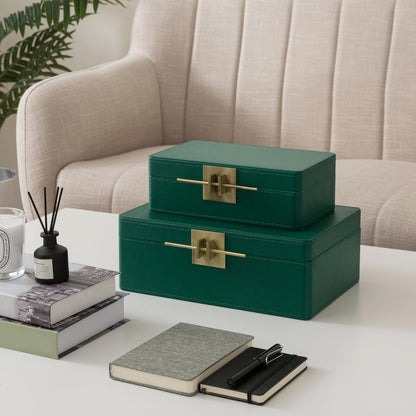 Soul & Lane Faux Leather Decorative Boxes with Lids for Home Decor, Set of 2 Stacking Hinged Boxes for Coffee Table and Living Room Shelves, Remote Control Holder, Emerald Green