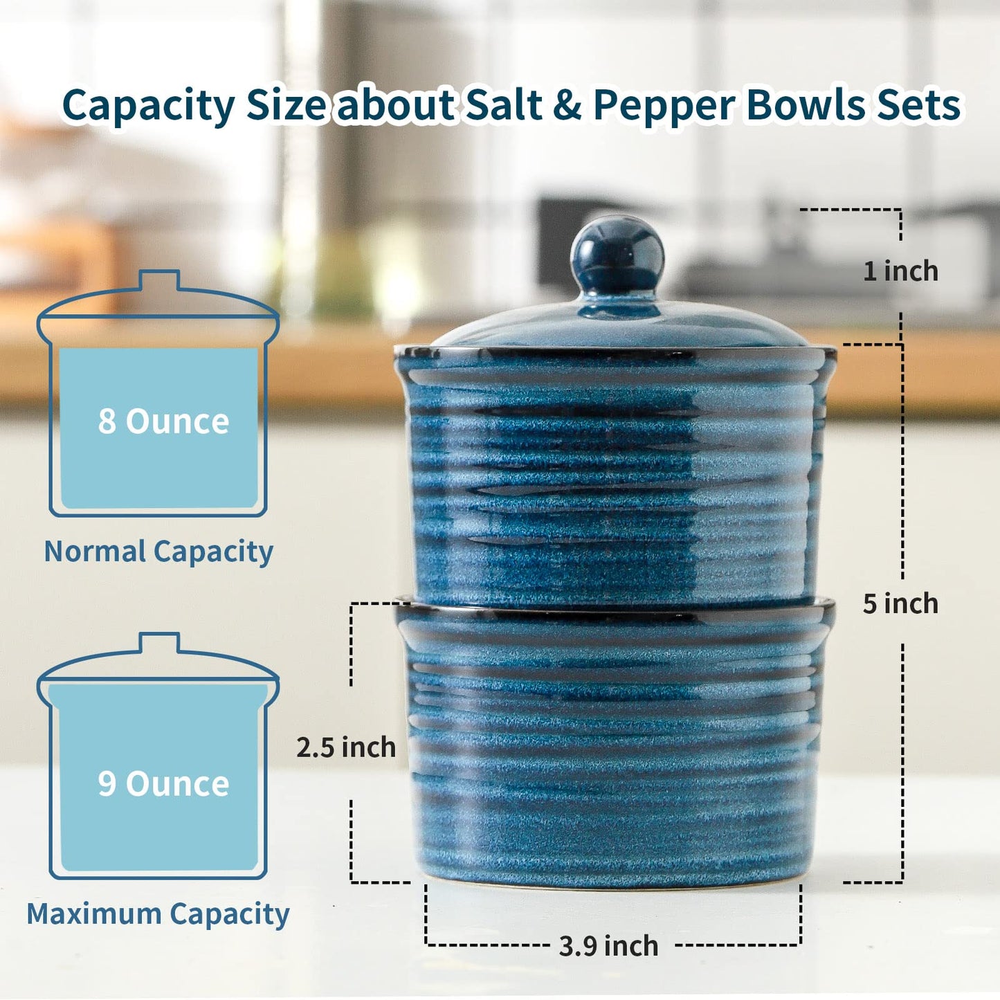 Hasense Ceramic Salt Cellar with Lid, 9 oz Salt and Pepper Bowls, Stacked Salt Box for Countertop Stovetop, Blue Farmhouse Kitchen Decor, Set of 2