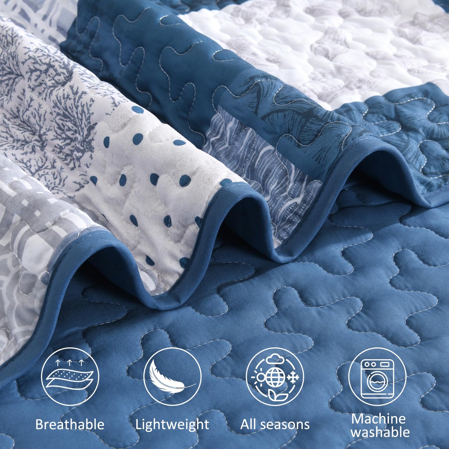 Xruibed Blue Ocean Quilt Set Queen Coastal Beach Theme Quilt Coverlet Soft Microfiber Reversible Bedspread with 2 Pillow Shams 3 Pieces Nautical Patchwork Beach Bedding Quilt for All Season 90"x96"