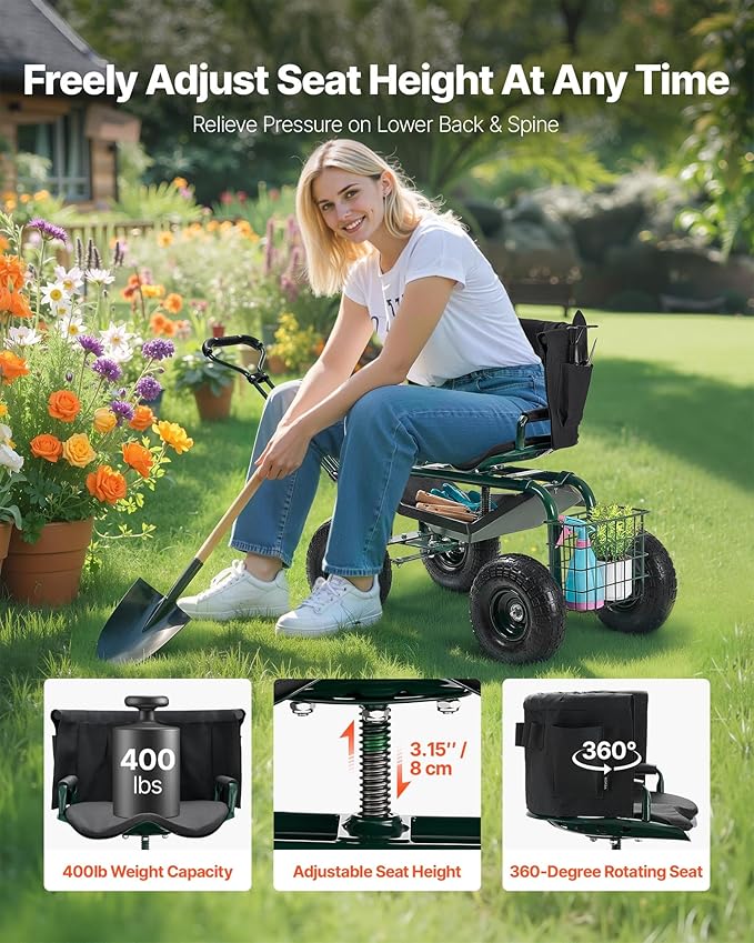 VEVOR Garden Seat with Wheels, Rolling Garden Stool with Height Adjustable & 360° Swivel Seat, 400lbs Weight Capacity, Gardening Cart Bench, Ergonomic Backrest & Tool Storage, for Yard, Patio