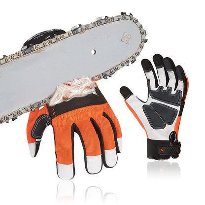 Vgo... Chainsaw Gloves 12-Layer Protection on Both Hands, Safety Goat Leather Foresty Work Gloves with Touchscreen(M,Orange,1 pair)