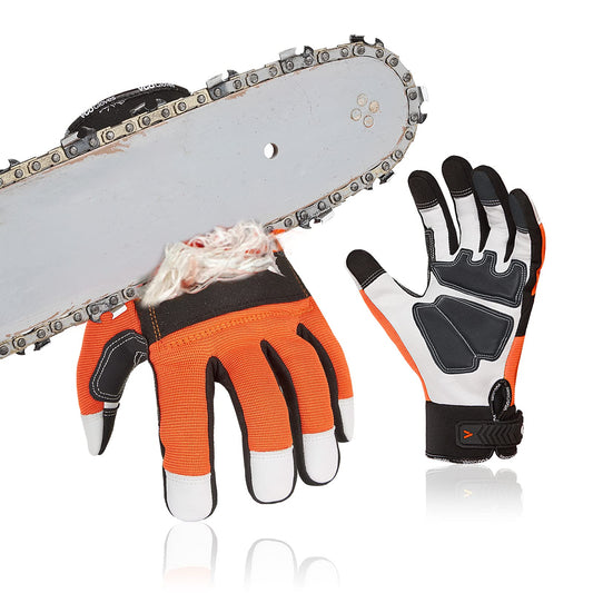 Vgo... Chainsaw Gloves 12-Layer Protection on Both Hands, Safety Goat Leather Foresty Work Gloves with Touchscreen(M,Orange,1 pair)
