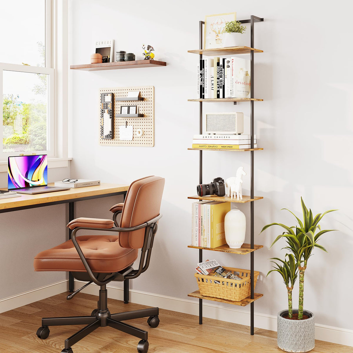 POBOMULI 6-Tier Ladder Shelf, 77 Inches Wall Mounted Ladder Bookshelf with Metal Frame, Wood Tall Open Storage Rack and Display Shelves for Home Office Bedroom Living Room, Rustic Brown