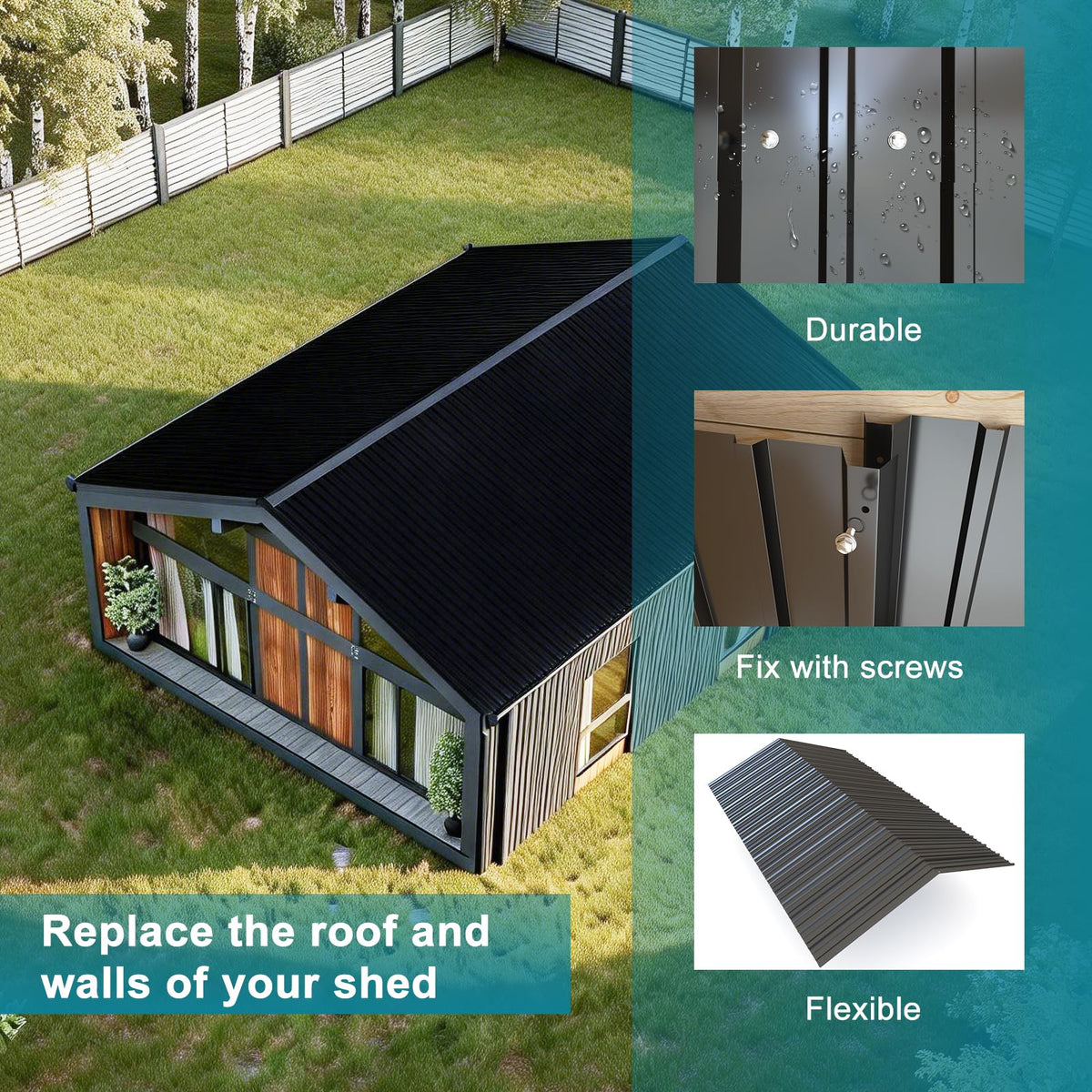 NeatiEase 10 Pcs Metal Roofing Panels, 6.1 Feet Corrugated Galvanized Roofing Panels Metal Siding Panels with Steel Screws for Pergola, Gazebo, Shed, Outdoor Storage, Chicken Coop,Garages (Black)