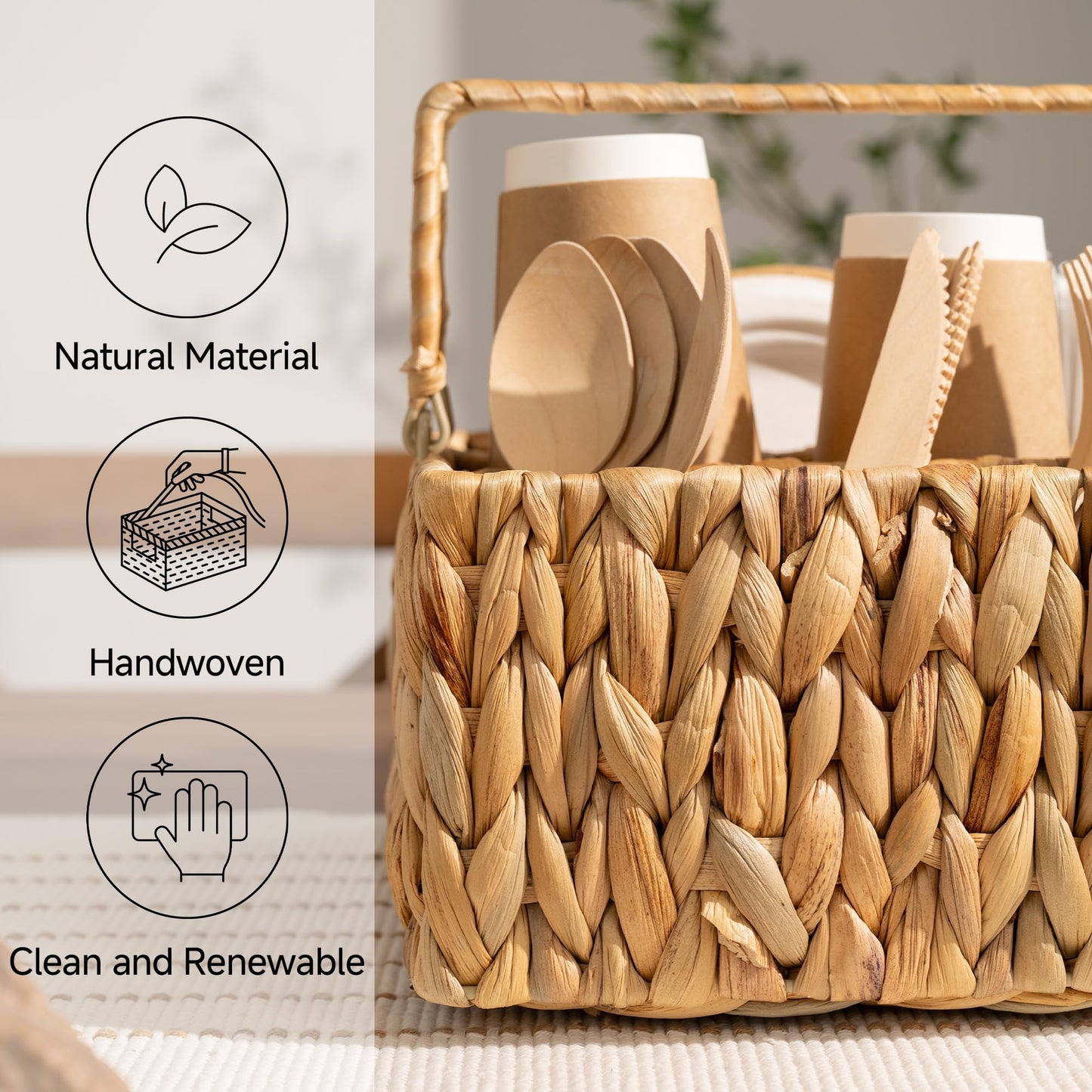 StorageWorks Wicker Silverware Organizer with Handle, Water Hyacinth Kitchen Utensil Holder, Large Utensil Holder for Kitchen Counter, Spoon Forks Cutlery Caddy, Paper Plate Dispenser for Countertop
