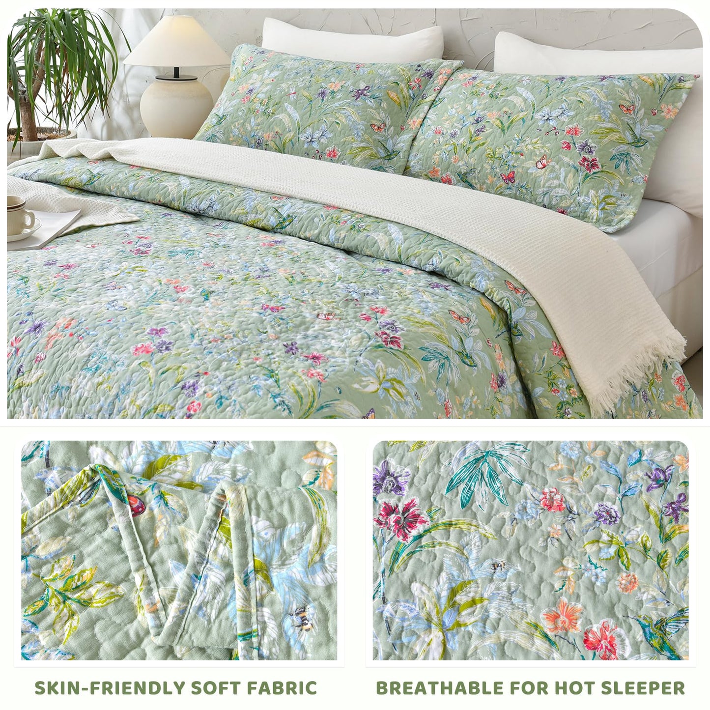 Sanracie Cotton Quilt Queen Size(90"x98")-Green Floral Quilted Bedspreads Set,3pcs Green Flower Bird Butterfly Print Botanical Quilt Bedding Coverlet Summer Soft Lightweight Aesthetic Bedding