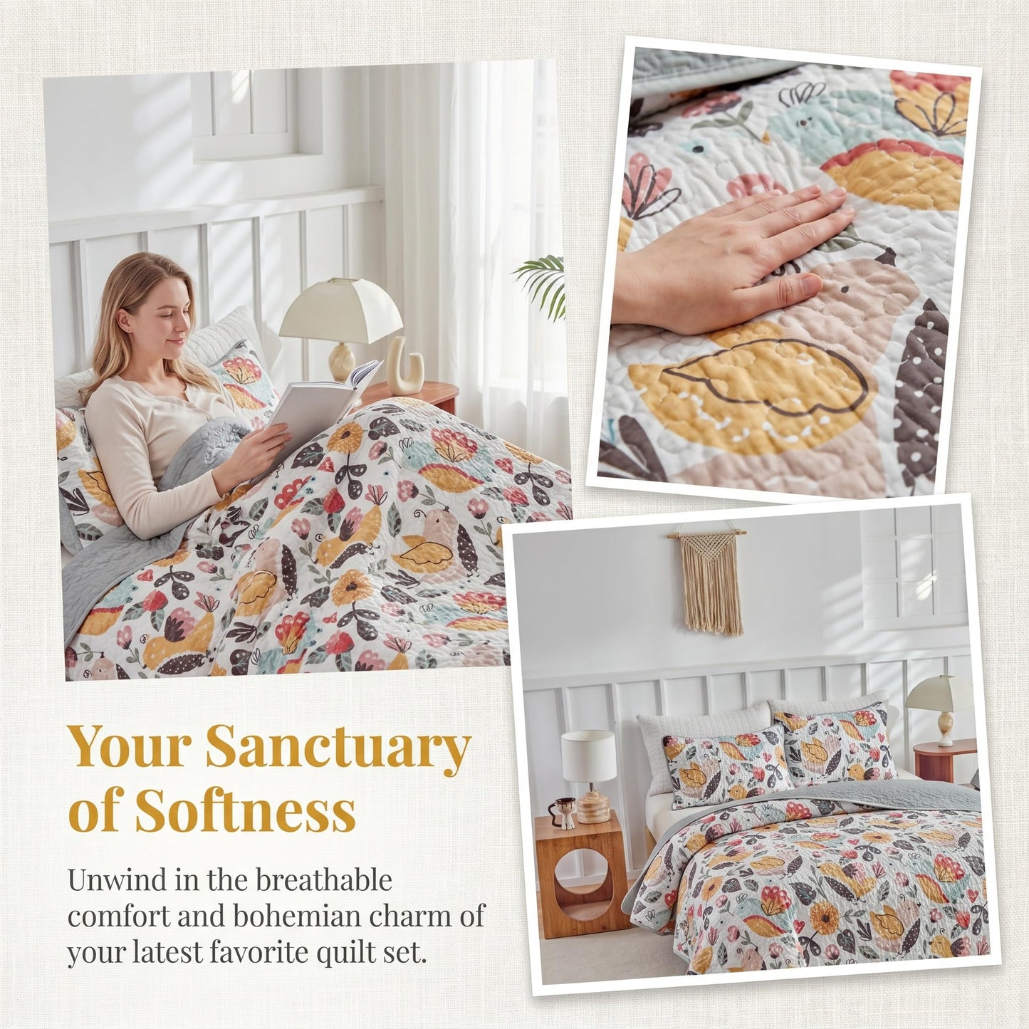 SANOCAY Boho Floral Quilt Set Queen Size, 3 Piece Lightweight Summer Bedding Set with 2 Pillow Shams, Soft Reversible Microfiber Bedspread, Farmhouse Coverlet for All Season (Bird, Queen)