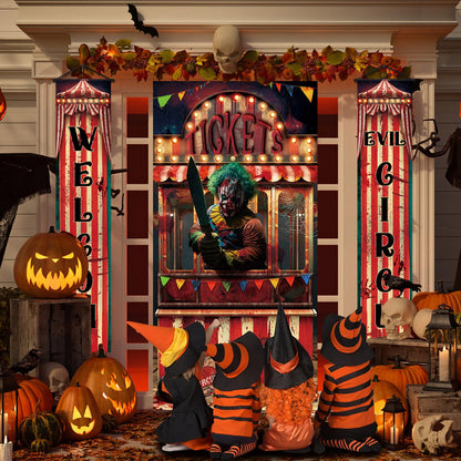 WovWeave 3 Pcs Halloween Creepy Carnival Decorations Include 2 Evil Circus Porch Banner and Scary Ticket Booth Circus Theme Door Cover for Halloween Backdrop Hanging Theme Party Outdoor Decorations
