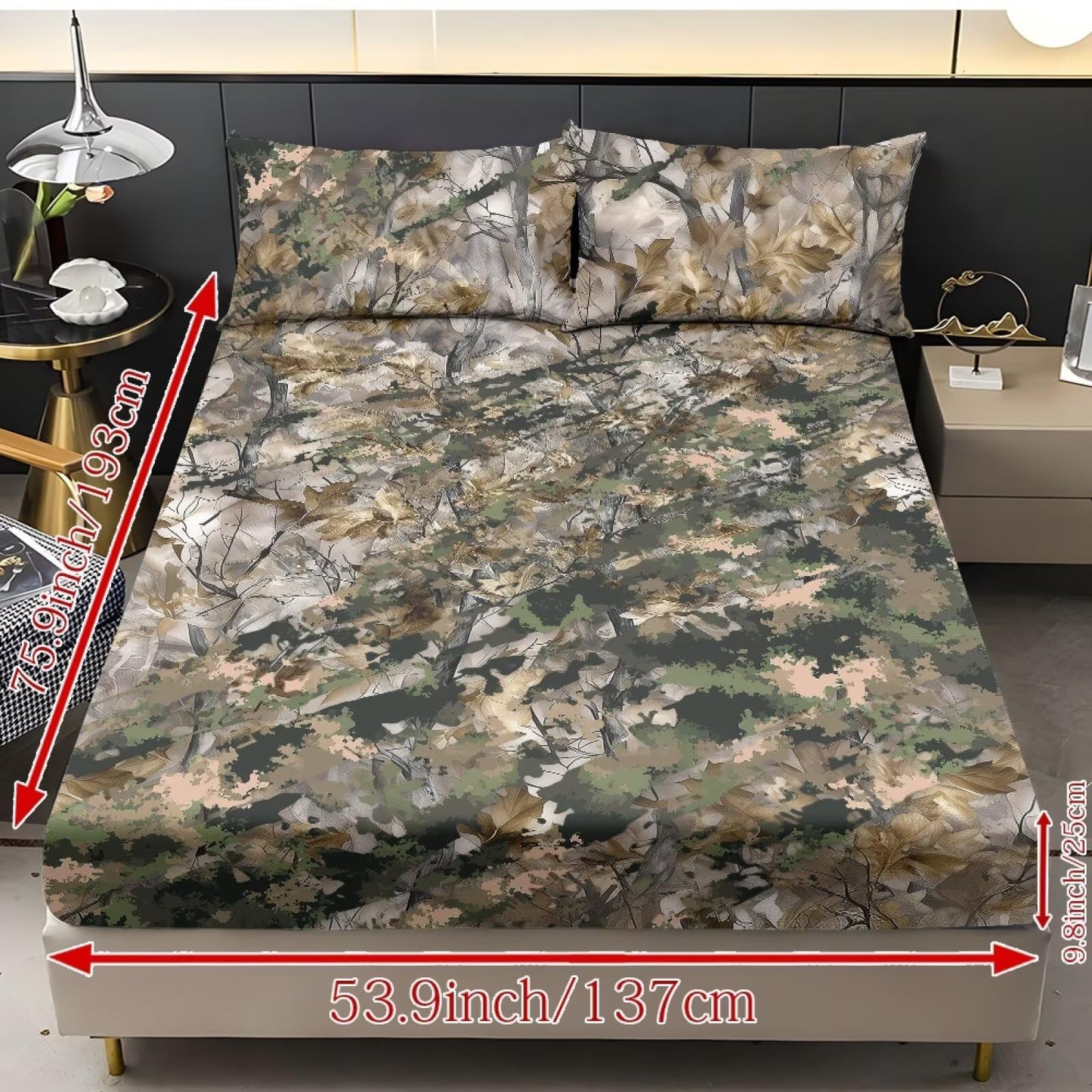 ZDCUSTOM XL Size Sheet Set Soft Stretchy Bedding Sheet Set 3 Pieces Deep Pocket Holiday Bedding Set with All Around Elastic Snug Fit Bottom Bedsheet Woodland Camo, 39" x 79"