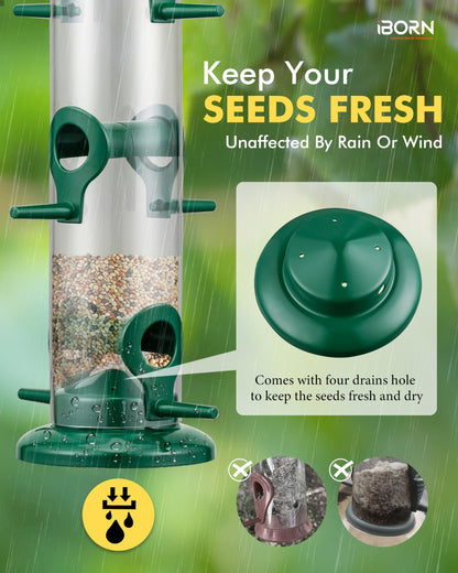 iBorn Metal Bird Feeders 6 Ports Hanging Wild Bird Seed Feeder for Mix Seed Blends, Niger Seed Feeder, Sunflower Heart, Birdbath, Heavy Duty All Metal Green Finishing 14 Inch 6Port