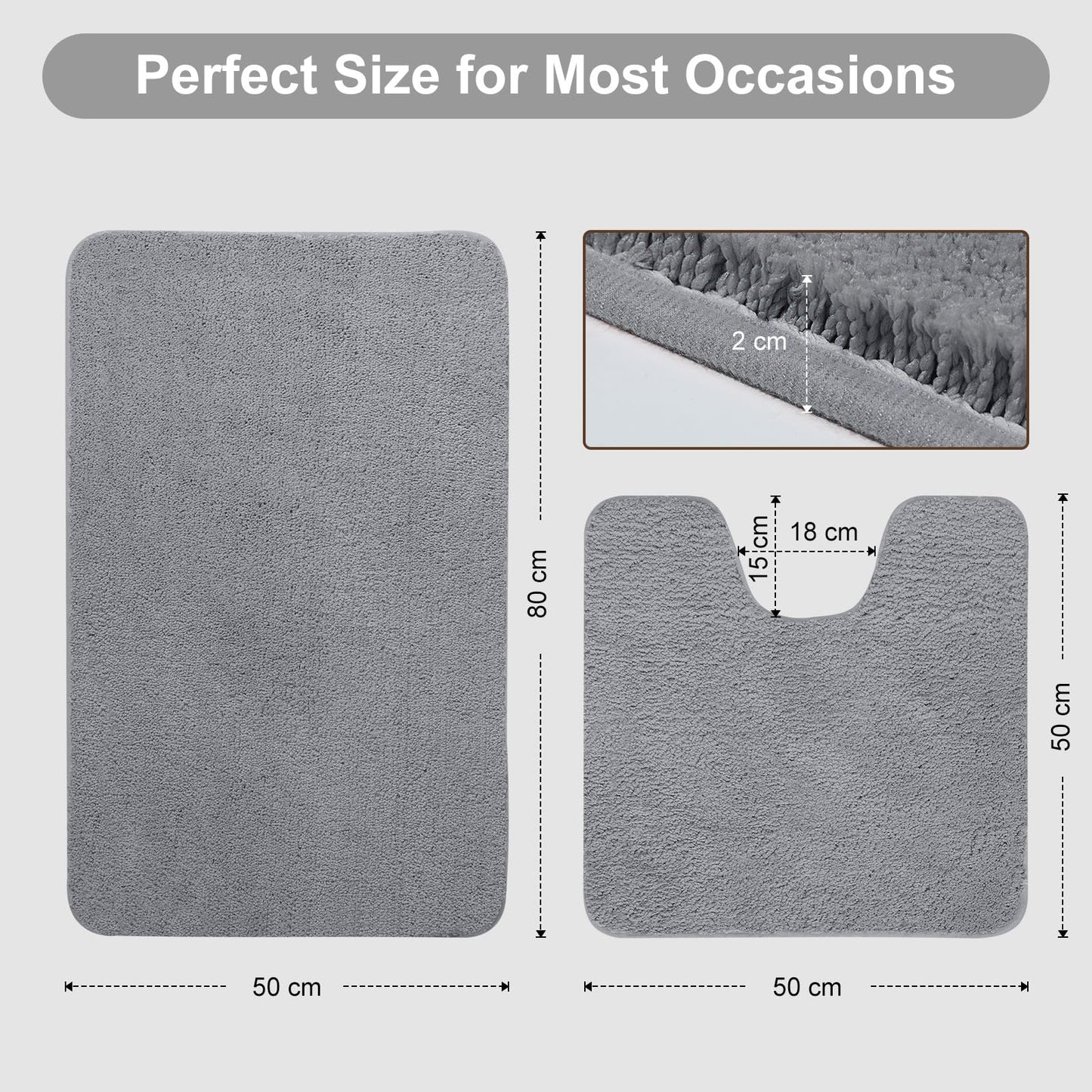 SOANNY 2 Piece Non-Slip Bath Mat Set, Luxury Thick Microfiber Shaggy Bathroom Rugs, 50 X 80 CM Soft Plush Shower Mat & 50 X 50 Toilet Pedestal Carpet, Machine Washable, Absorbent, Grey