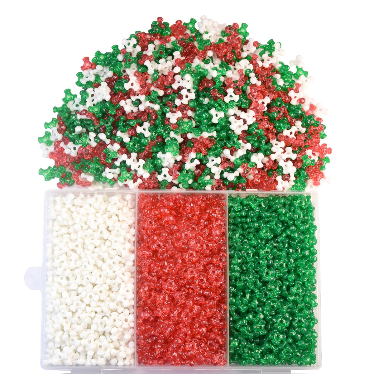 2400Pcs Christmas Tri Beads, Christmas Tri Shaped Beads Red Green White Triangle Beads for Craft Wreath Candy Cane-Xmas Holiday Tree Decorations Beaded Ornament Kit