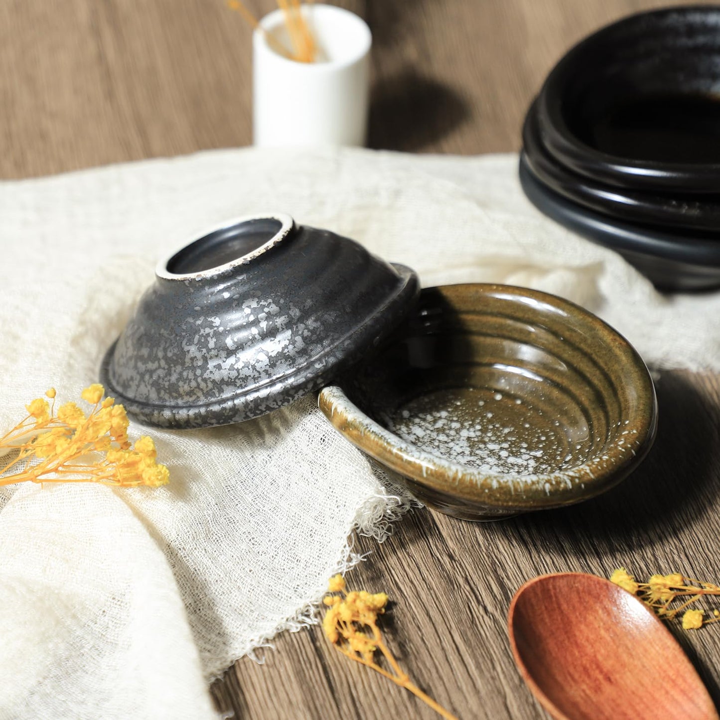 Bicuzat Set of 5 Japanese Vintage Style Ceramic Side Dishes - Retro Black Seasoning Dishes - 3.5 Inch