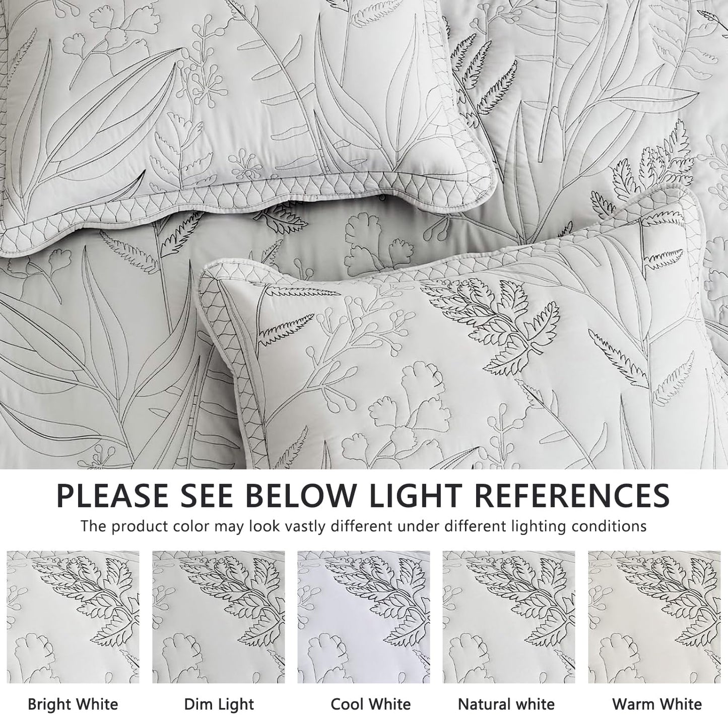 DaisyHuang Botanical Oversized Bedspread Queen Size - Leaves Pattern Stitching Quilt Set - Elegant & Fresh Style Bedding Coverlets, Reversible, Lightweight, 5 Piece, Grey