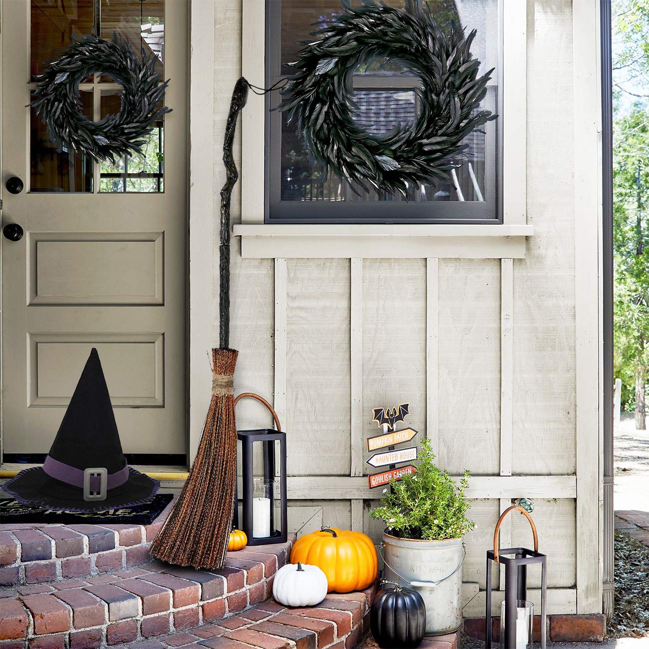 MOVINPE Black Feather Wreath - 14.9'' Natural Cocktail Feather Wreath, Halloween Photo Props, Front Door Decor Witch Spooky Scene Party Decorations