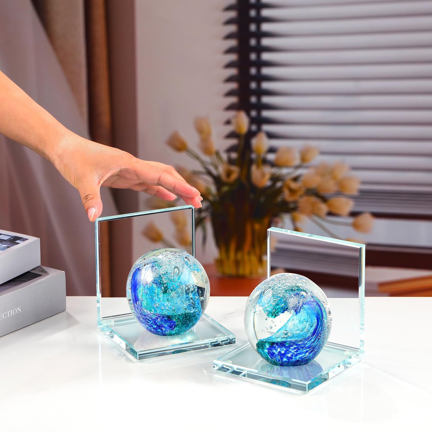 Book Ends for Shelves, Glass Bookends with Deep Ocean Blue Crystal Hand Blown Sea Wave Ball, Non Skid Sturdy Glass Decorative Bookends for Ocean Lovers, Heavy Books, Office, Set of 2