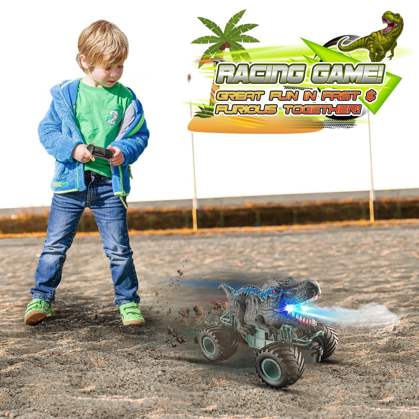 HappyGoLucky Dinosaur Toys for Boys, 1:16 Scale RC Monster Truck with Spray Roar LED Lights, Kids Toys for 4-8 Year Old Boys Gifts Toys Age 3 4 5 6 7, Outdoor Garden Toys Easter Gifts for Kids