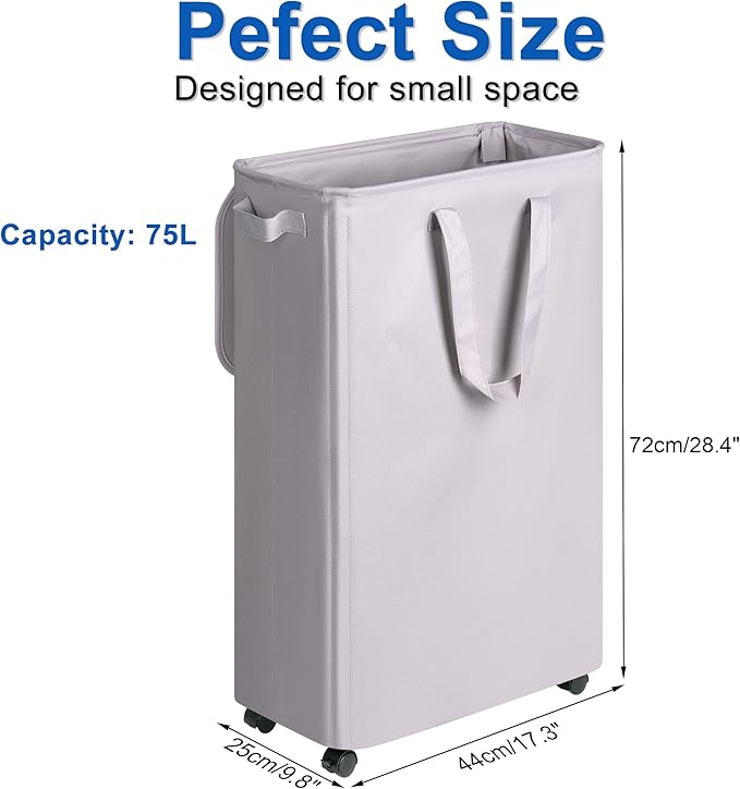 Slim Laundry Hamper with Lid and Wheels, Small Rolling Laundry Basket with