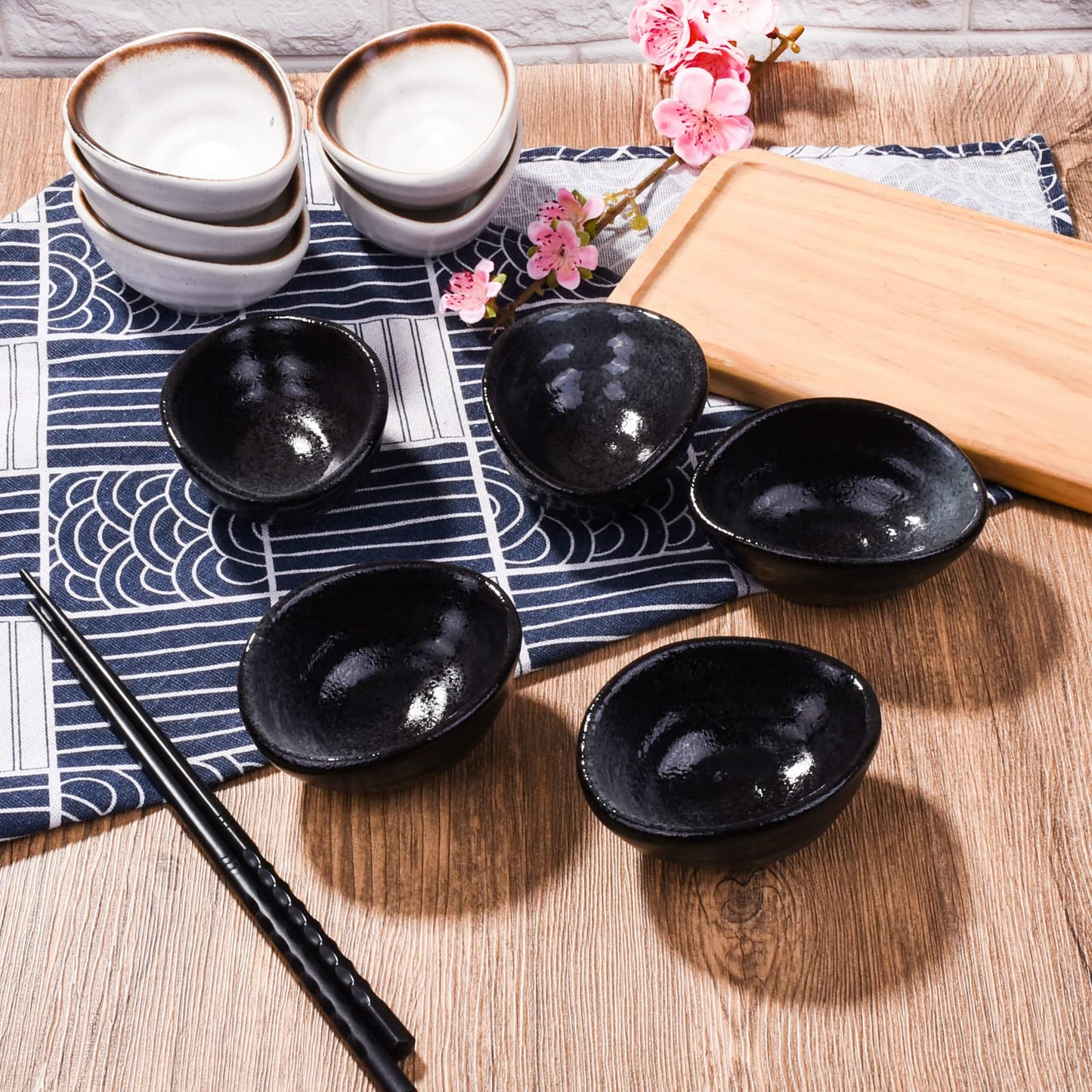 LMRLCS Japanese Dipping Sauce Bowls Elliptical Porcelain Soy Sauce Dish Sushi Dish Ceramic Asian Sauce Bowls Set of 5 for Vinegar,Oil,Salt,Salad Soy Sauce,Wasabi, Black