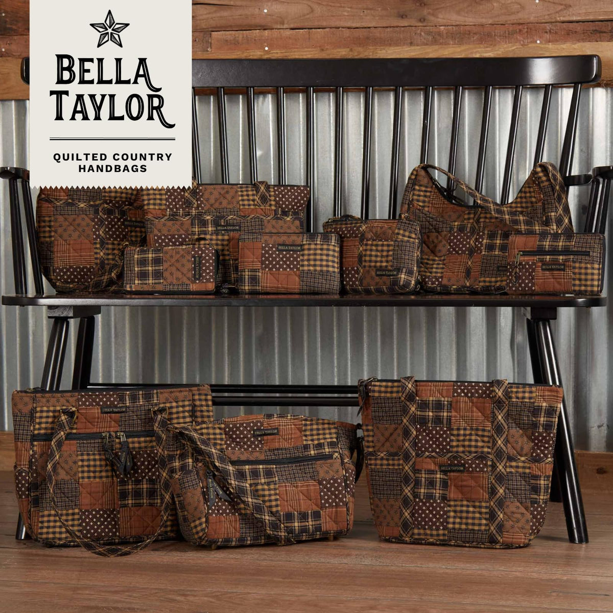Bella Taylor Quilted Duffle Bag for Women, Large Carry On Travel Weekend Bag, Quilted Cotton Ironstone Black and Brown Patchwork