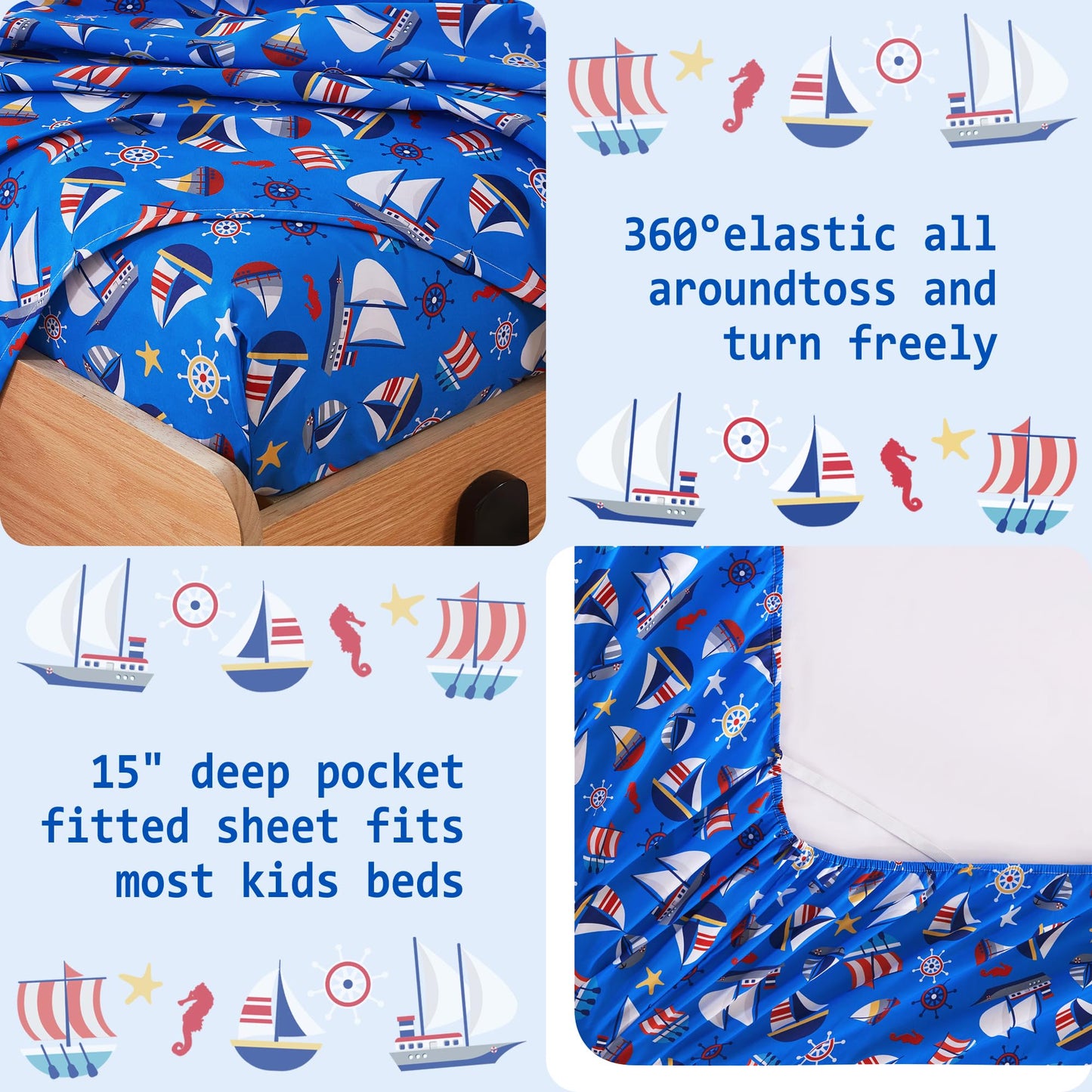 Softan Kids Bed Sheet Set, 3-Piece Twin Sheets Set, Microfiber Fitted Sheet with 15 Inches Deep Pocket and Corner Straps, Breathable & Silky Soft Blue Sailboat Pattern Sheet and Pillowcase Sets
