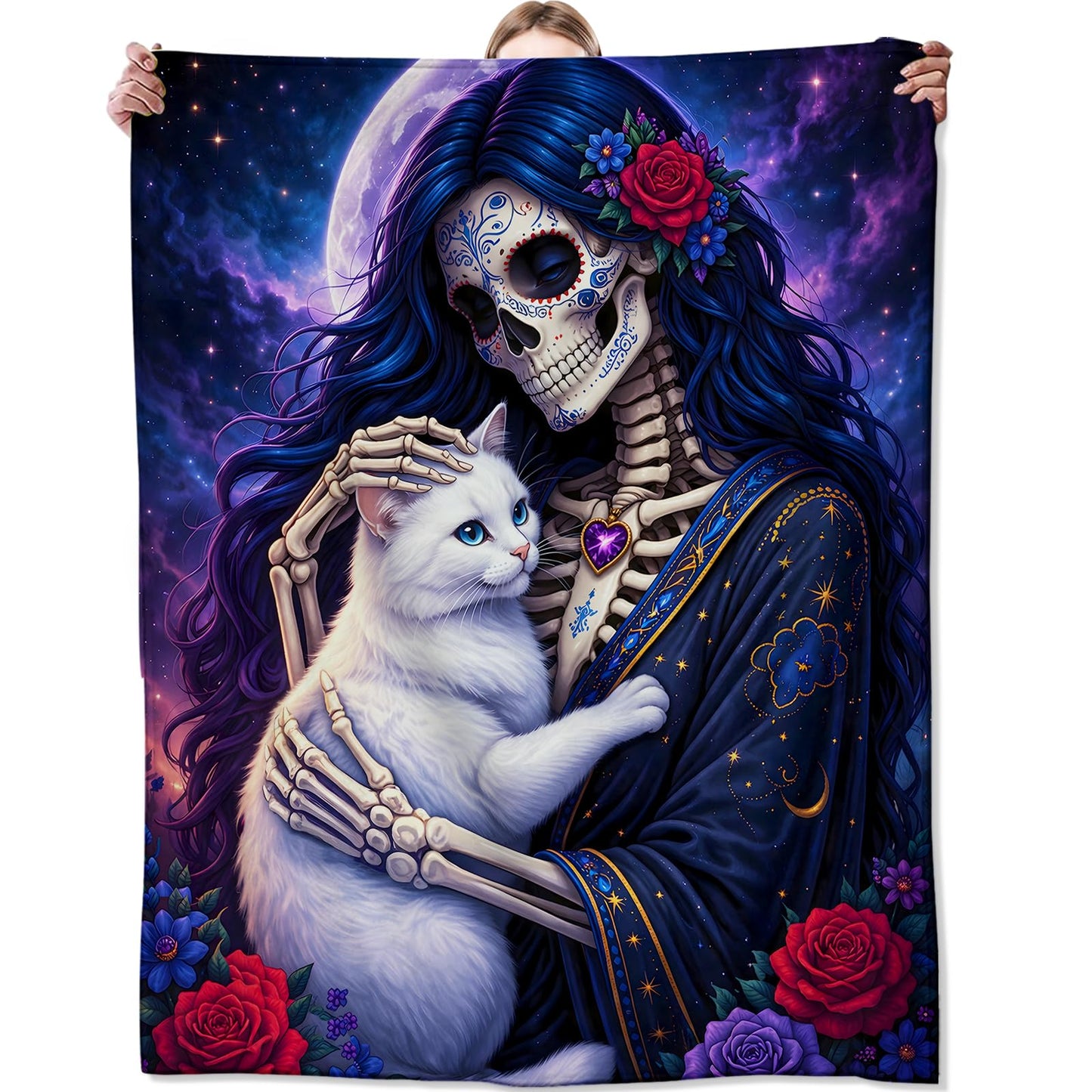 Zeleda Gothic Skeleton Cat Cozy Throw Blanket for Couch Sofa Bed, Soft Flannel Goth Skull Kitten Blankets for Adults Women, Warm Lightweight Romantic Floral Throws for Room Decor Gifts, 50x60 Inches