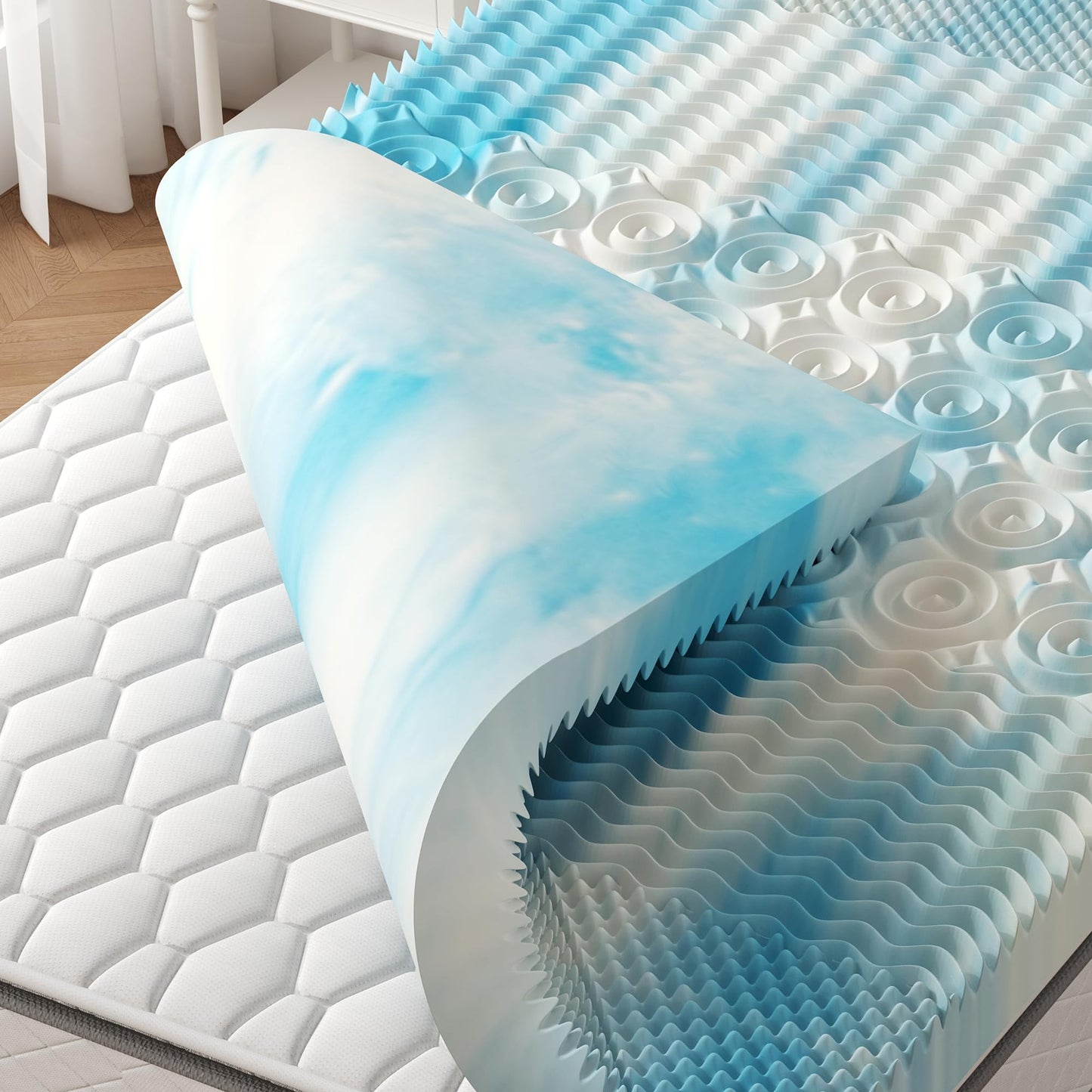 KMFurnila 3 Inch 5-Zone Cooling Gel Memory Foam Mattress Topper Full, Pressure Relief for Back & Hip Pain, Soft Reversible Pad for Dorm RV Camping, CertiPUR-US Certified, Blue