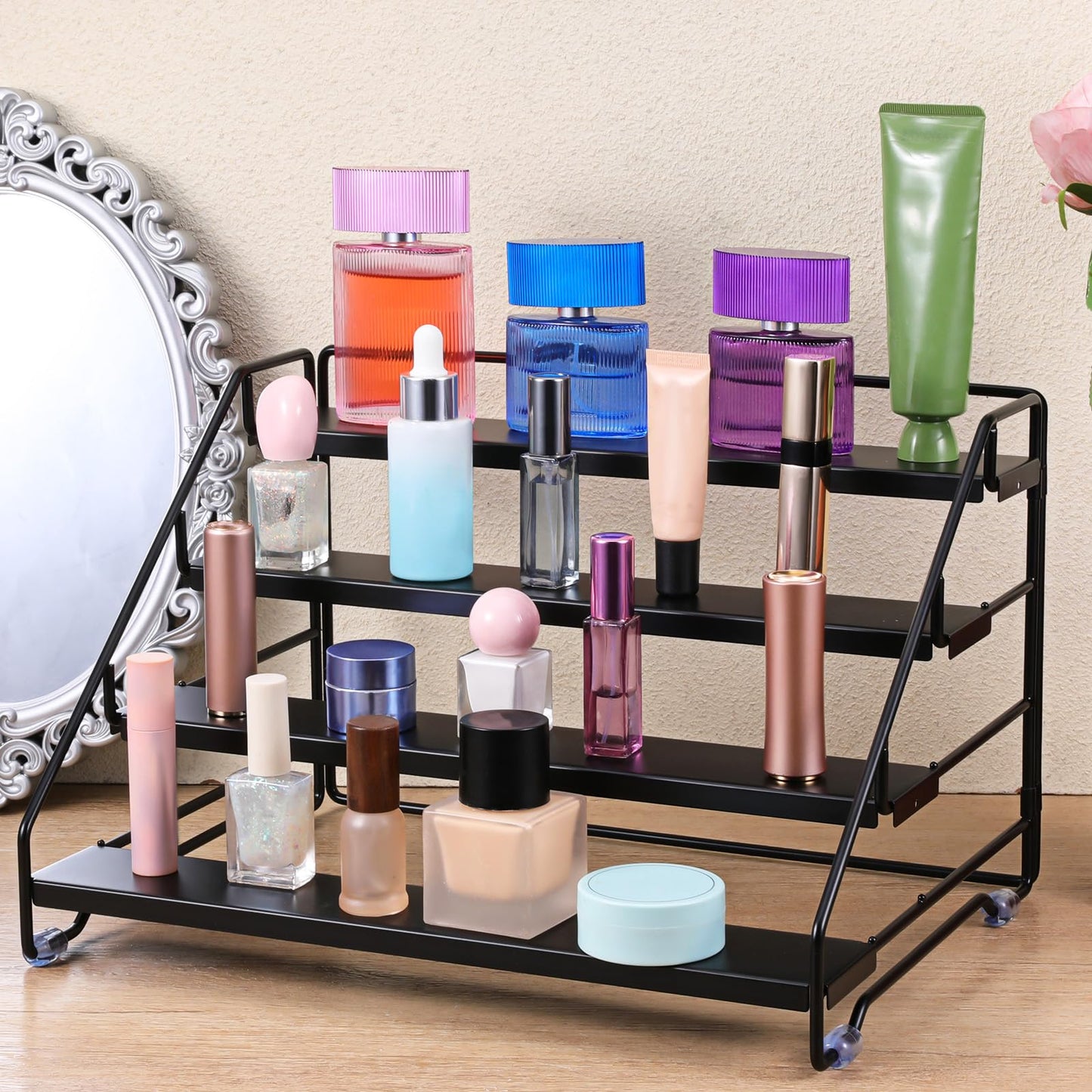 Exclaith 4 Tier Spice Rack for Cabinet, Step Adjustable Spice Shelf, Metal Step Spices Storage Holder with Protection Railing, Seasoning Organizer for Countertop, Cupboard, Pantry