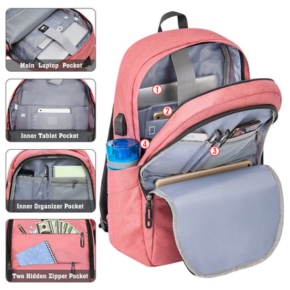 Travel Laptop Backpack Water Resistant Anti-Theft Bag with USB Charging Port and Lock 14/15.6Inch Computer Business Backpacks Gift for Men Women，Casual College School Student Bookbag,A-Coral Pink