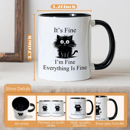 Foyoulame Black Cat Gifts Funny Coffee Mugs - Black Cat Mug, Funny Sarcastic Cats Coffee Teacup, Cat Lover Gifts for Women, I'm Fine Everything is Fine Ceramic CoffeeMug 11oz