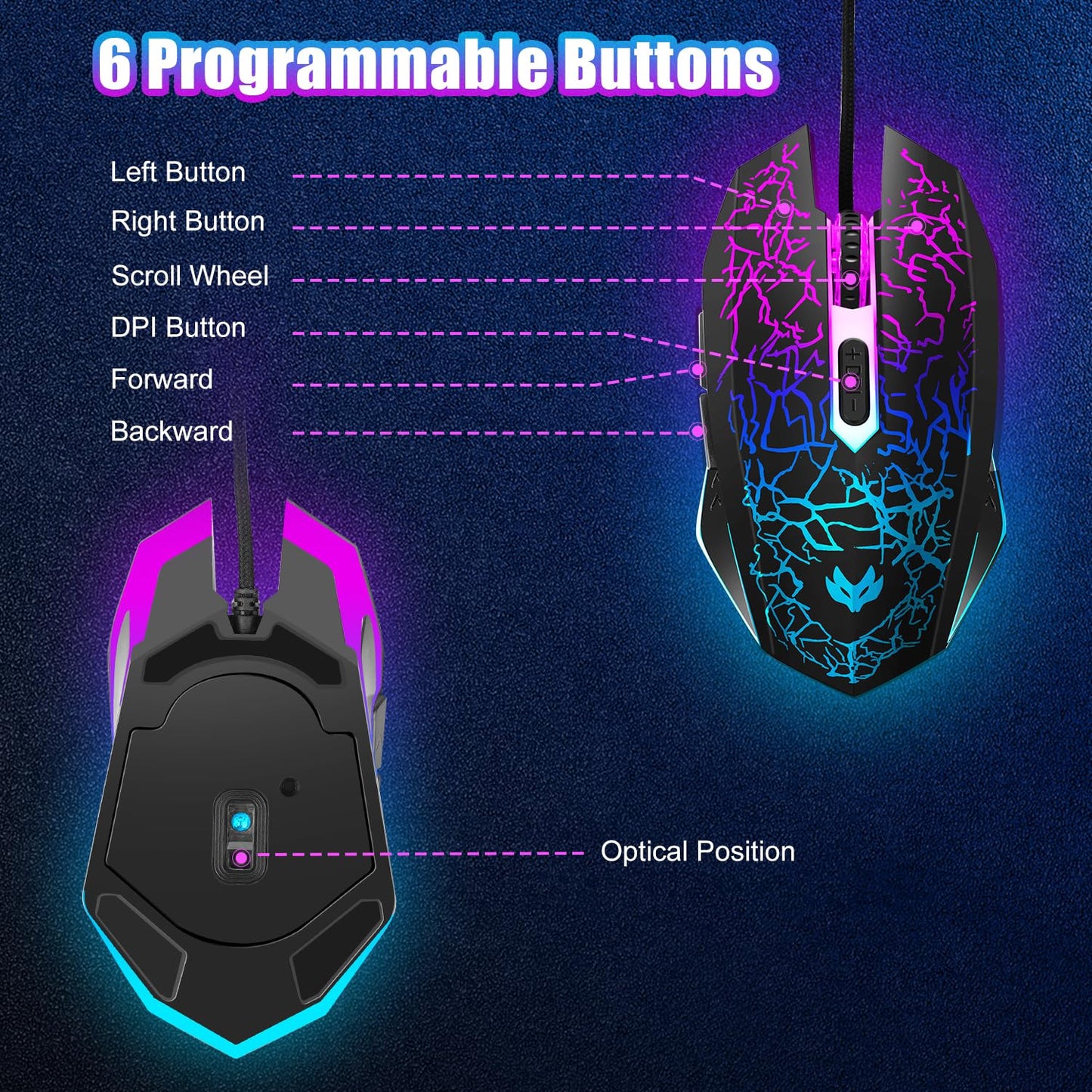 Wireless Gaming Mouse, Rechargeable Wireless Computer Mouse, 7-Color LED Light, Ergonomic Mouse with 6 Silent Click Buttons, 3 Adjustable 2400 DPI Wireless Mouse for Laptop,PC,Mac, Black
