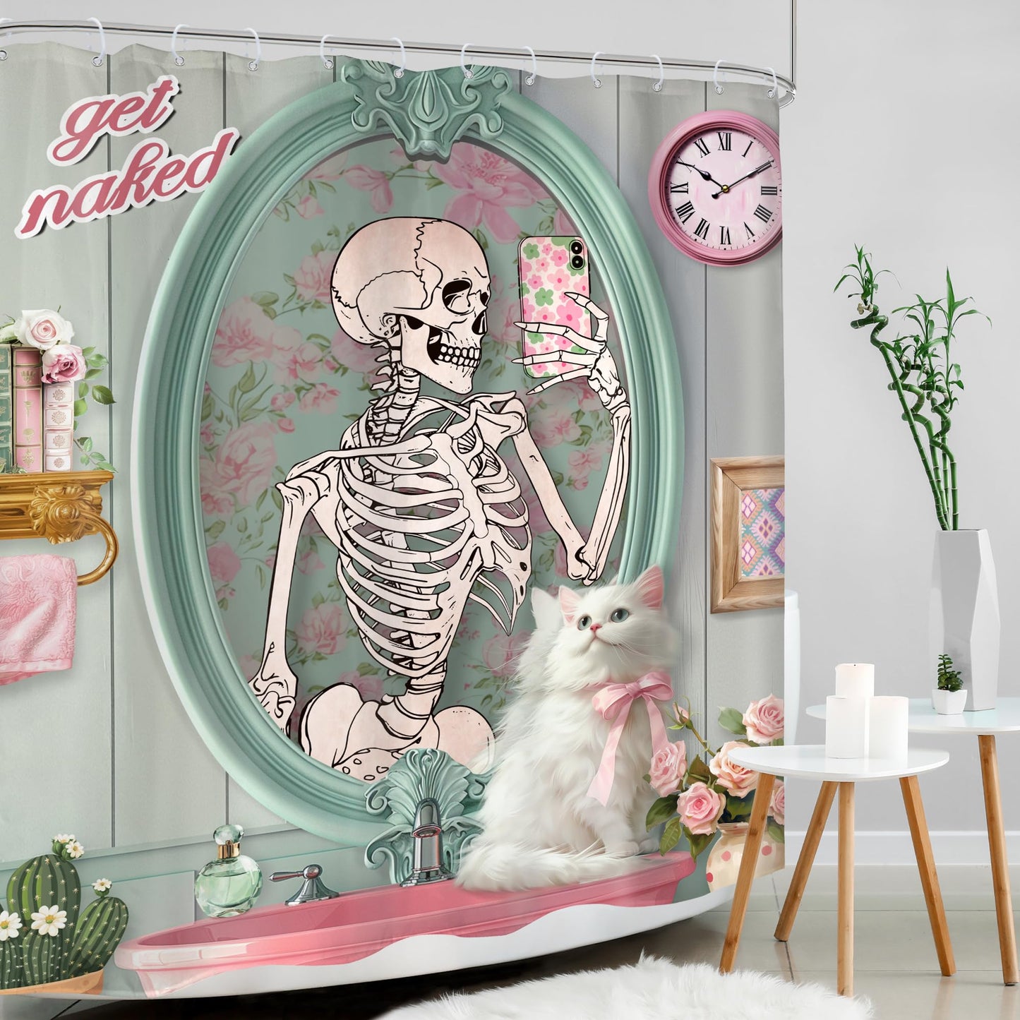 Mitpok Funny Skull Skeleton Shower Curtain 60Wx72H Cute Cat Retro Kitten Animal Gothic Fun Floral Fashion Bathroom Decor Halloween Unique Cool Horror Scary Bath Curtain Fabric Polyester 12 Pack Hooks