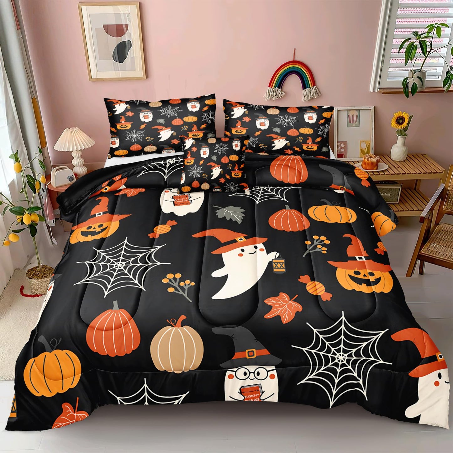 Cute Halloween King Comforters Cartoon Ghost Bedding Set Funny Halloween Bat Home Decor Cute Pumpkin Down Comforter Castle Quilt Set 4 Pcs Ultra Soft Microfiber for Kids Adults