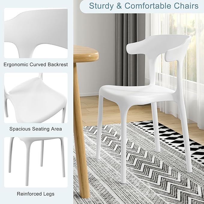 VECELO 4 Pack Plastic Stacking Chairs, Stackable Dining Chairs for Kitchen Restaurant Patio, Portable Indoor Outdoor Use, No Assembly Required, White