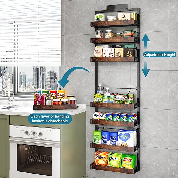 bukfen Over the Door Pantry Organizer, 8-Tier Adjustable Wooden Basket Kitchen