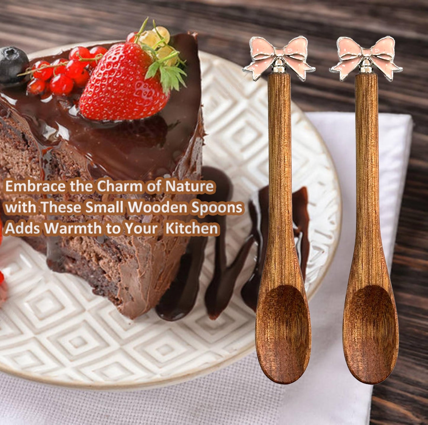 Wooden Stir Spoon for Honey Coffee Stirring Tea Yogurt Jars, Cute Small Wooden Spoon for Eating, Collection Spoons, Holiday Wooden Teaspoon 5.1 Inches Length(4pcs) (Pink bowknot)